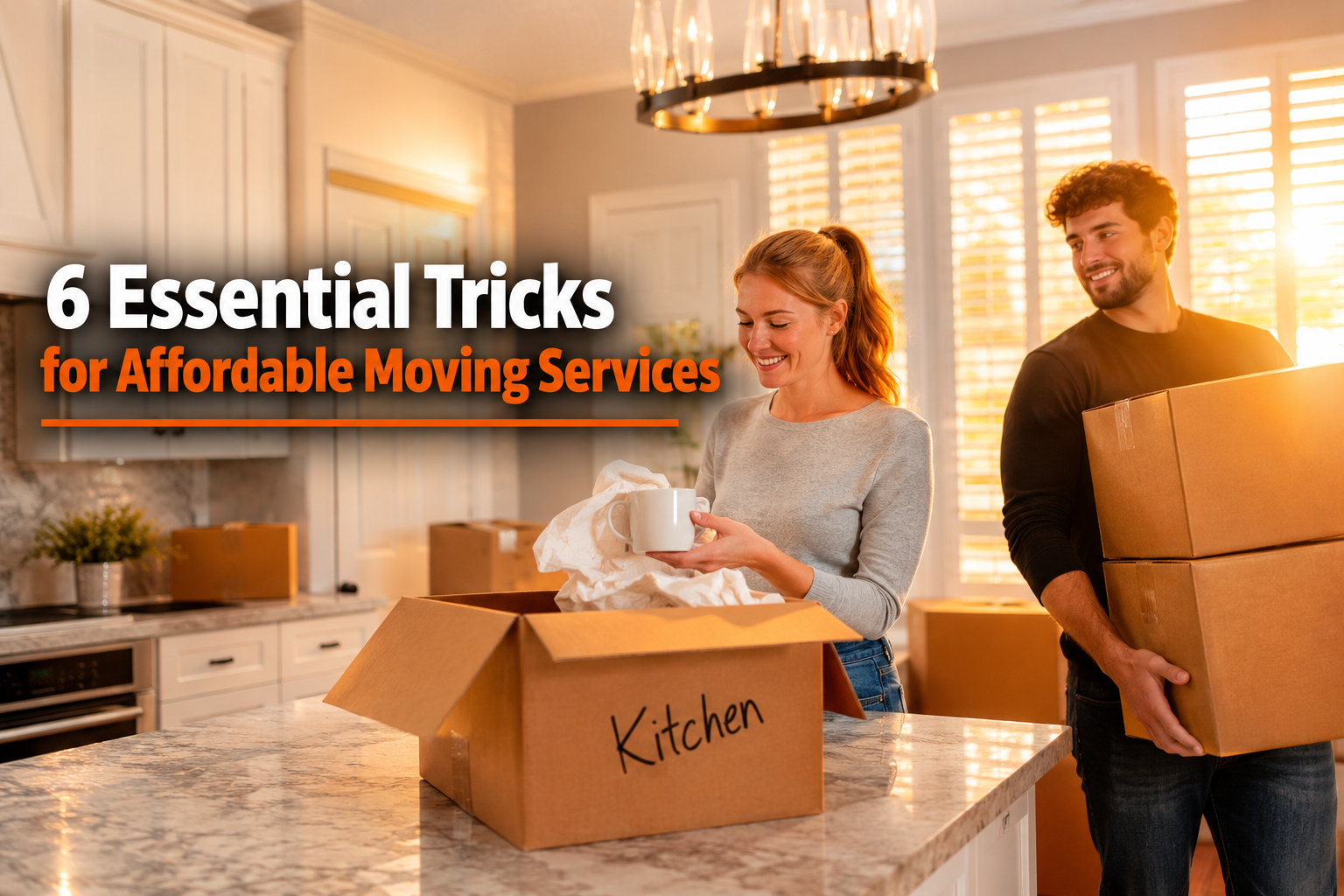 Young couple unpacking moving boxes in a bright modern kitchen with white cabinets and marble countertops during golden hour, featuring the text "6 Essential Tricks for Affordable Moving Services" in bold white and orange lettering.