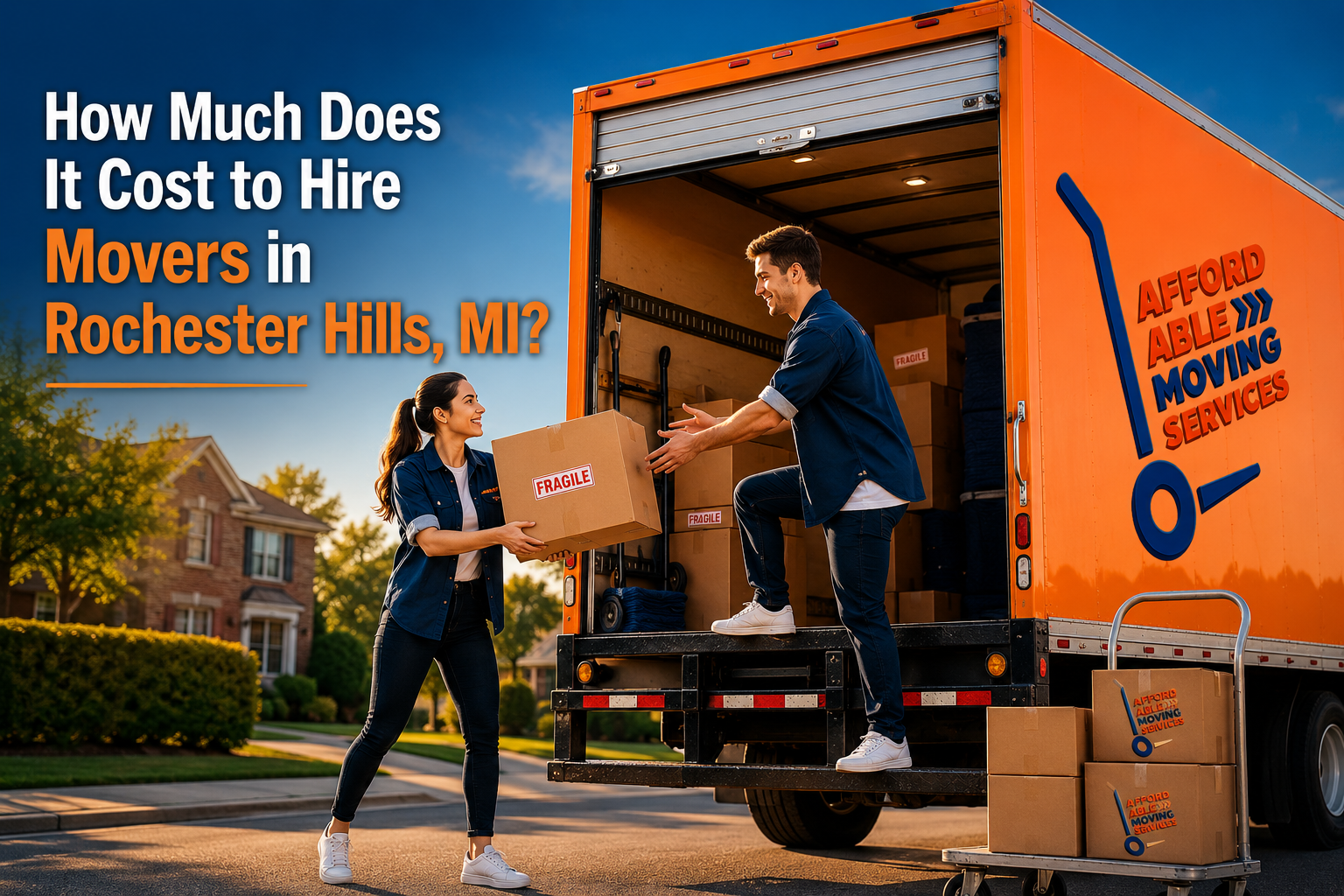 Professional movers loading boxes into an orange moving truck with Affordable Moving Services logo during a residential move in Rochester Hills, MI, illustrating moving costs and professional moving services.
