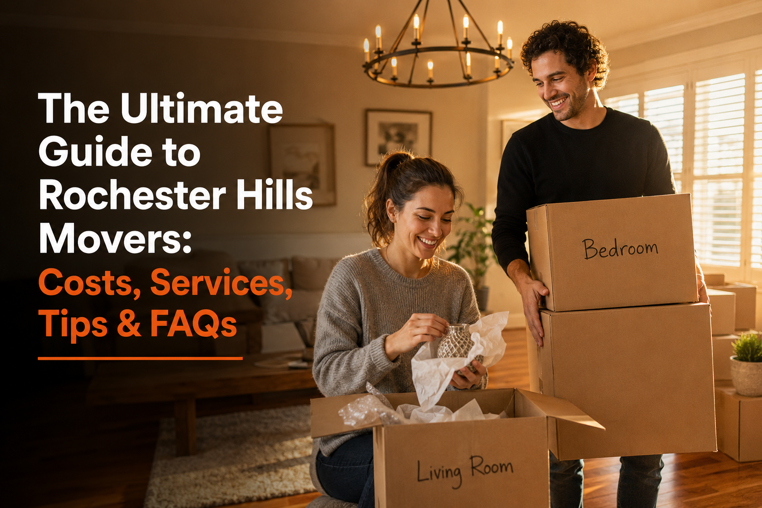 Smiling couple packing moving boxes in a bright living room with blog headline "The Ultimate Guide to Rochester Hills Movers: Costs, Services, Tips & FAQs.