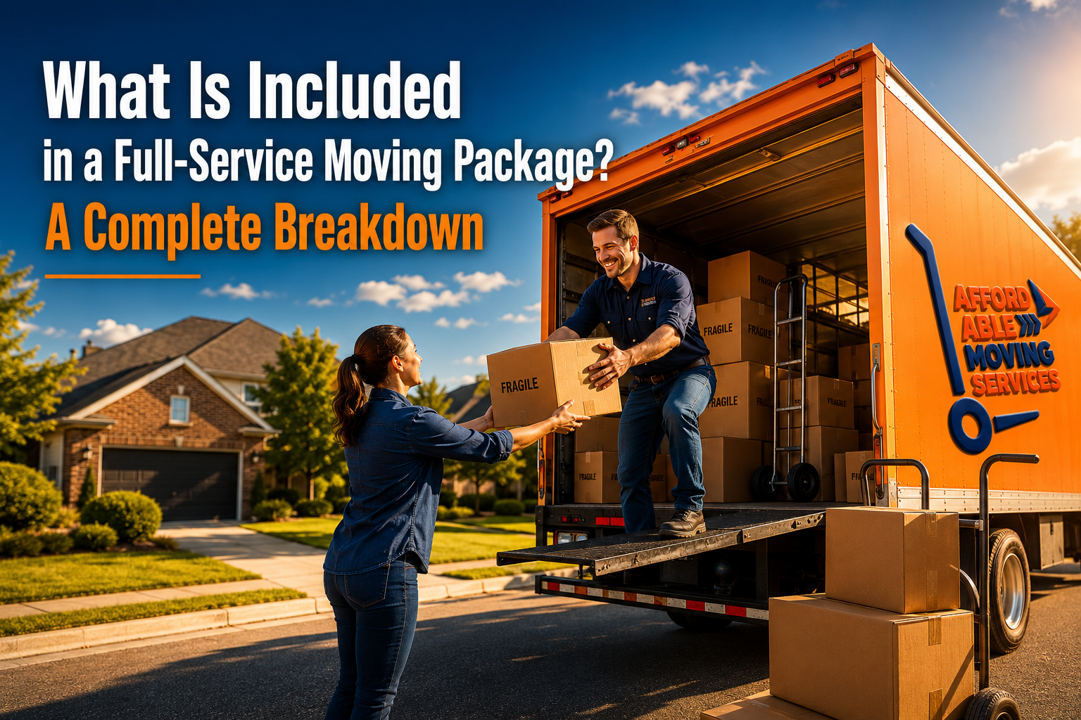 Professional movers loading fragile boxes into an orange moving truck for a full-service moving package by Affordable Moving Services during a residential move.