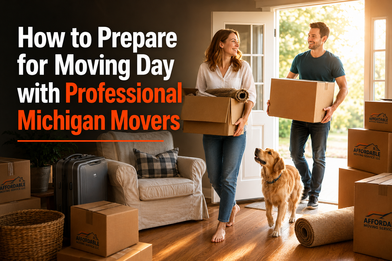 Couple carrying moving boxes with their golden retriever into a new home, Affordable Moving Services LLC boxes in the background