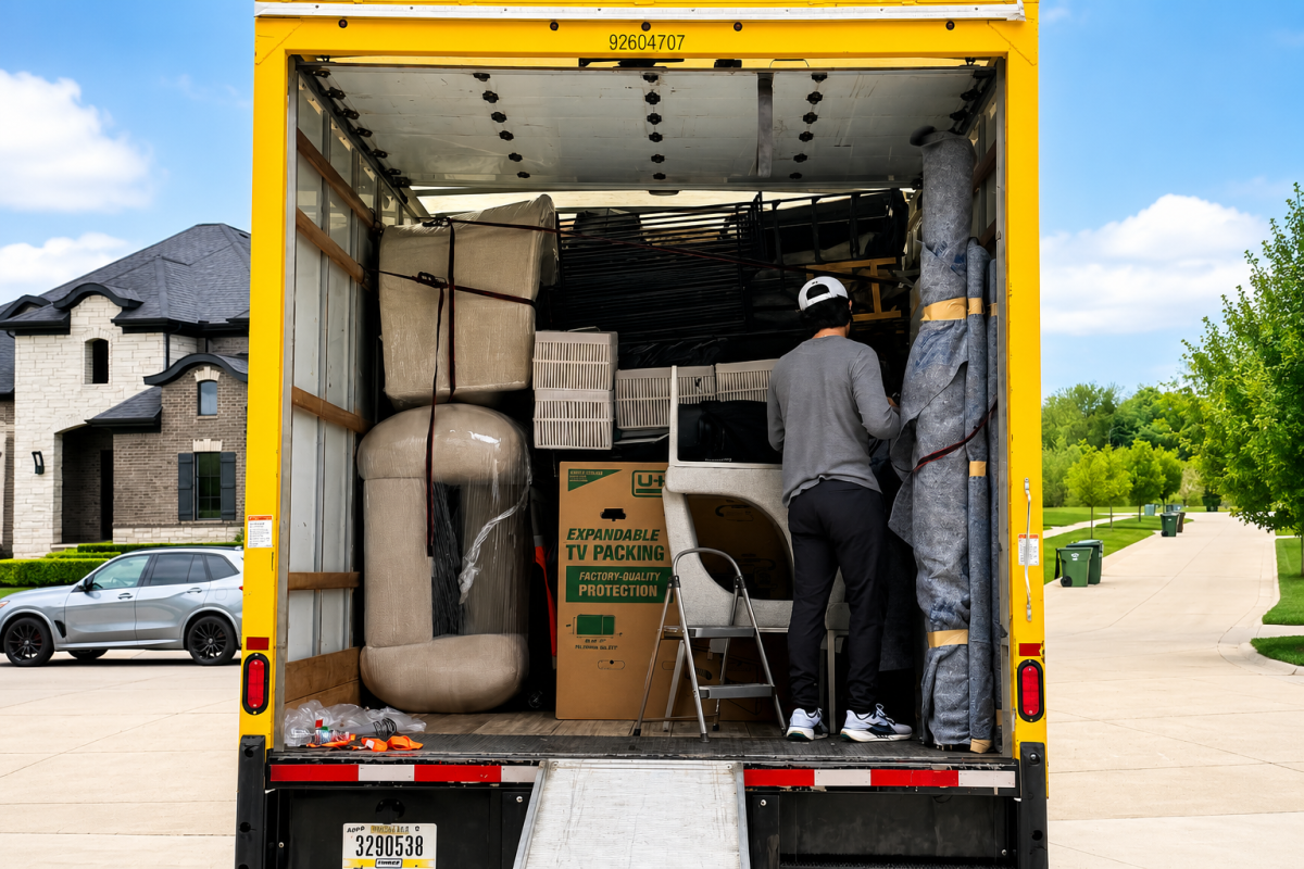 Professional mover loading wrapped furniture and moving boxes into a moving truck in Rochester Hills, MI for a residential relocation by Affordable Moving Service LLC.